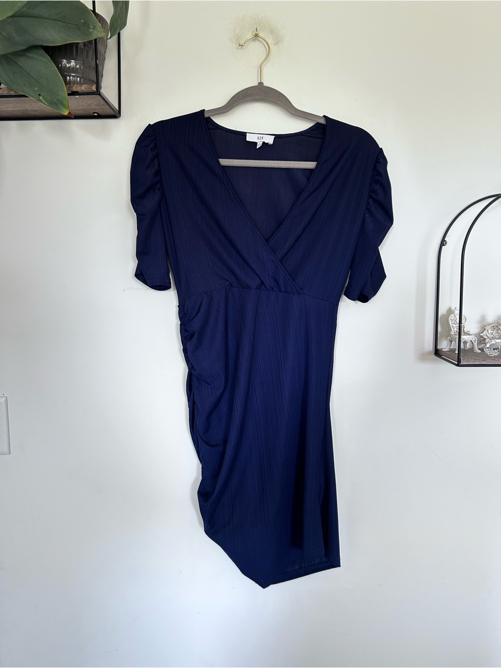 NSR Navy Blue Crimped V Neck Ruched Half Sleeve Mini Dress Size Small